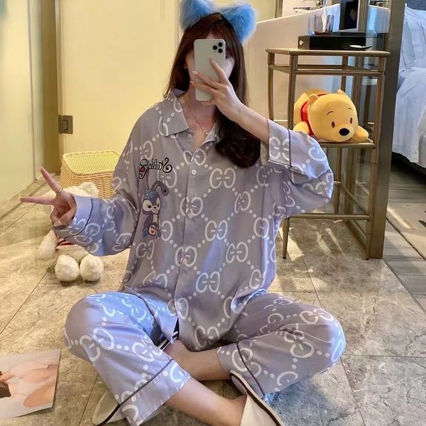 

autumn new pajamas printed cardigan cartoon lapel long sleeve set, Black