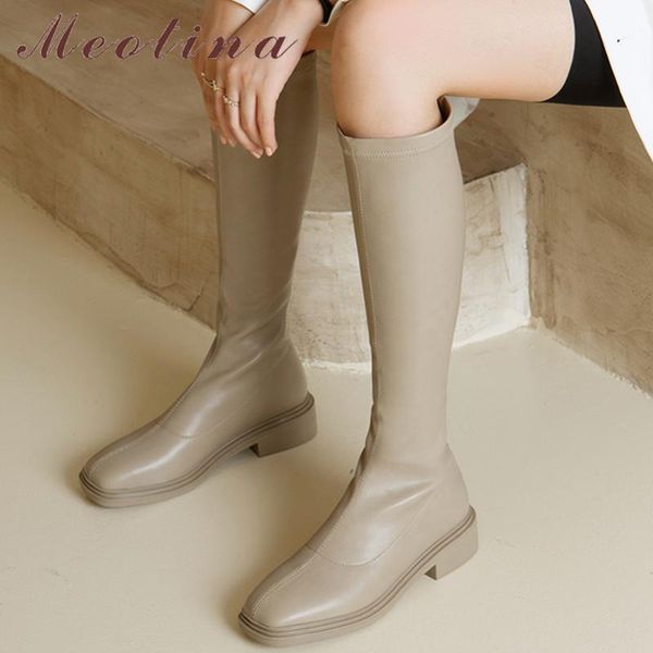 

boots meotina women fashion square toe thick med heel platform ladies zipper knee high autumn winter black brown 40