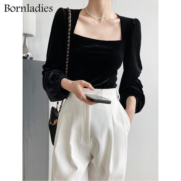 

women's blouses & shirts bornladies 2021 summer autumn female golden velvet casual puff sleeve lace up women stylish blouse, White