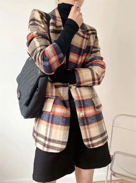 

women's suits & blazers woollen plaid blazer suit simple fashion mid length single breasted contrast office women autumn winter commute, White;black