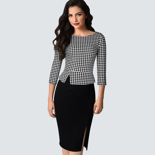 

dresses autumn elegant houndstooth patchwork business retro work daily bodycon hb562, Black;gray