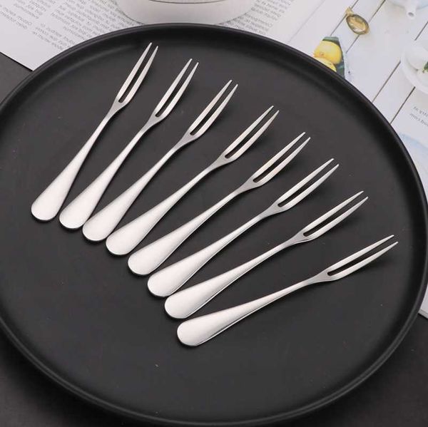 

spoons 8pcs stainless steel two-tine fork fruit set tableware multiple use snack cake dessert forks cafeteria home flatware