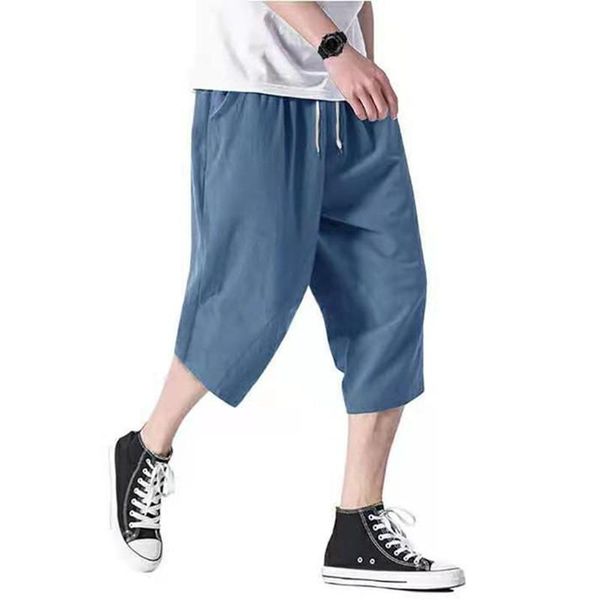 

men's summer loose cotton and linen cropped pants casual yoga pockets large size mid-waist thin section solid color, Black