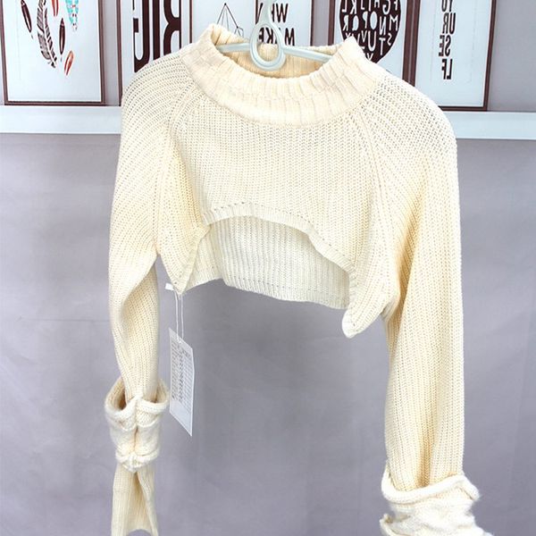

knits women's wool hip hop personality long sleeve exposed umbilical t-shirt, White