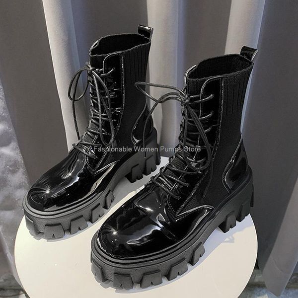 

boots patent leather women 2021 autumn fashion thick heels platform chunky ankle short round toe mortocycle adult, Black