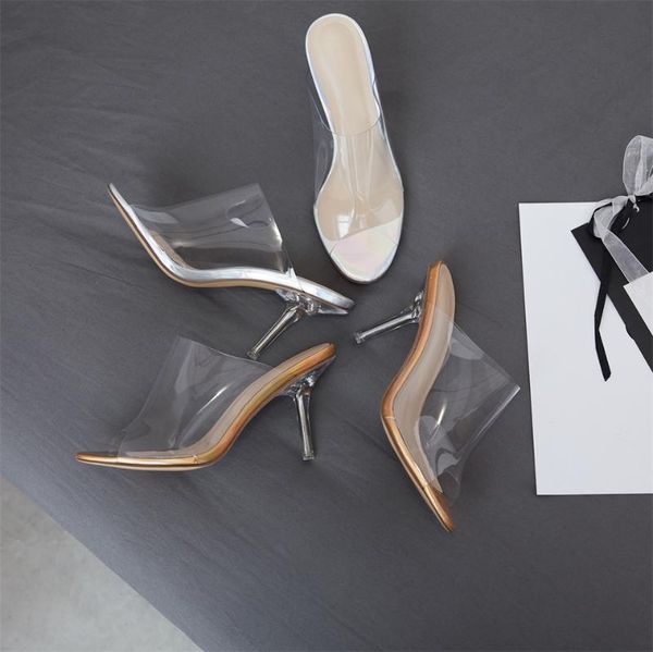 

slippers 2021 women's fashion transparent material open toe stiletto shoes size 33-41, Black