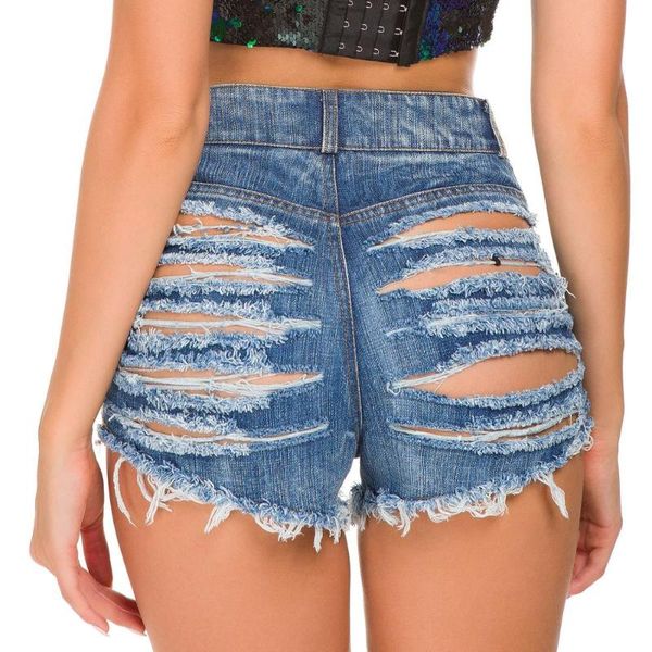 

hollow out jeans shorts for women high waist pants female wear loose denim ripped with holes women's, Blue