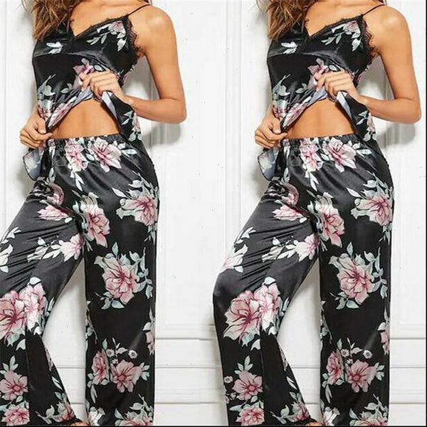

pajamas faux silk satin womens sleepwears set vintage flower print sleeveless long pants 2 piece autumn winter homewear, Black;red