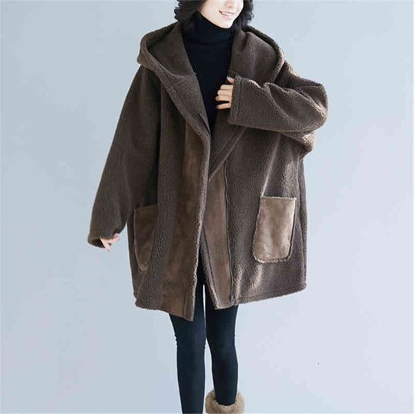 

women's wool & blends fashion winter coat plus size loose long velvet thick fake fur coat hooded lamb warm outwear tide ma4x, Black