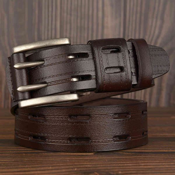 

new double pin buckle men's belt leather casual genuine jeans, Black;brown