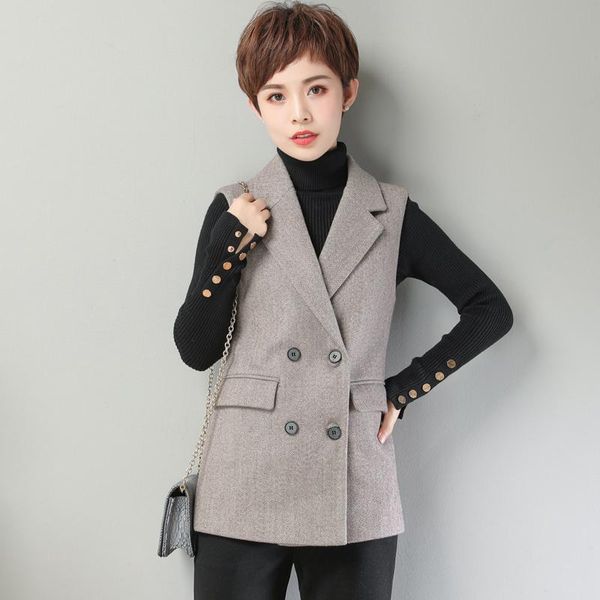 

women's vests 2021 women spring woolen blazer sleeveless double breasted office lady short vest female casual solid suit waistcoat x33, Black;white