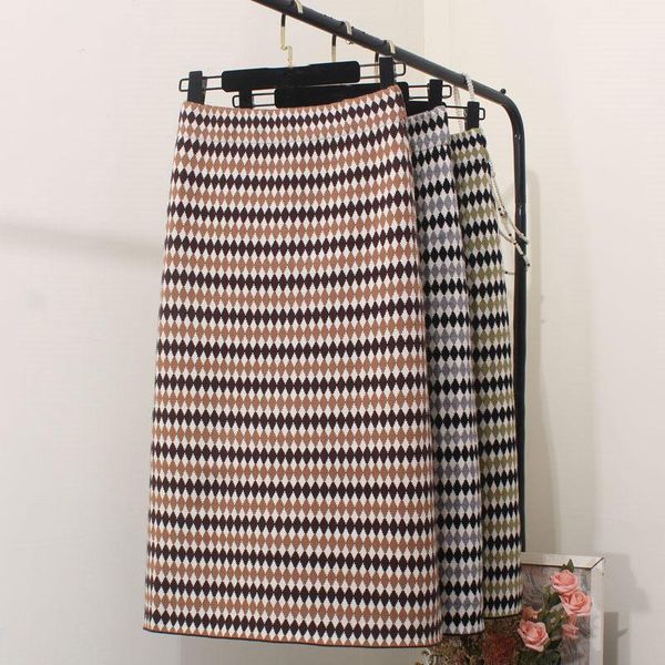 

skirts autumn winter skirt lady colors plaid encrypted knitted high waist retro package hip woolen sweater jupe f271, Black