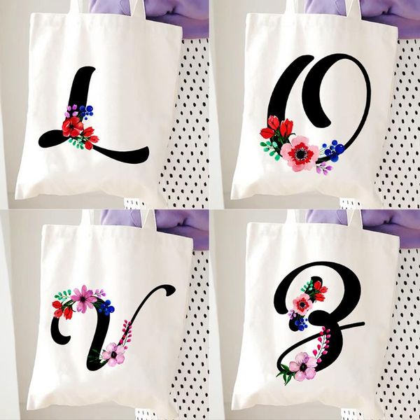 

storage bags ladies canvas shoulder tote english alphabet flower print handbags casual women shopping travel bag girl books