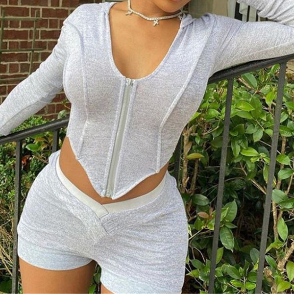 

women's tracksuits tmustobe irregular two piece set women autumn zipper hoodie cardigan bodycon mini shorts slim streetwear casual outf, Gray
