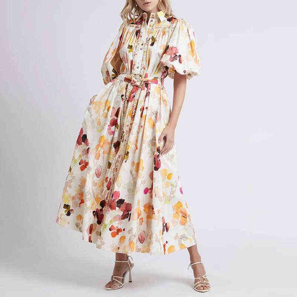 

luxury party evening dress summer 2021 personalized lapel print single breasted lace up high waist large swing long, Black