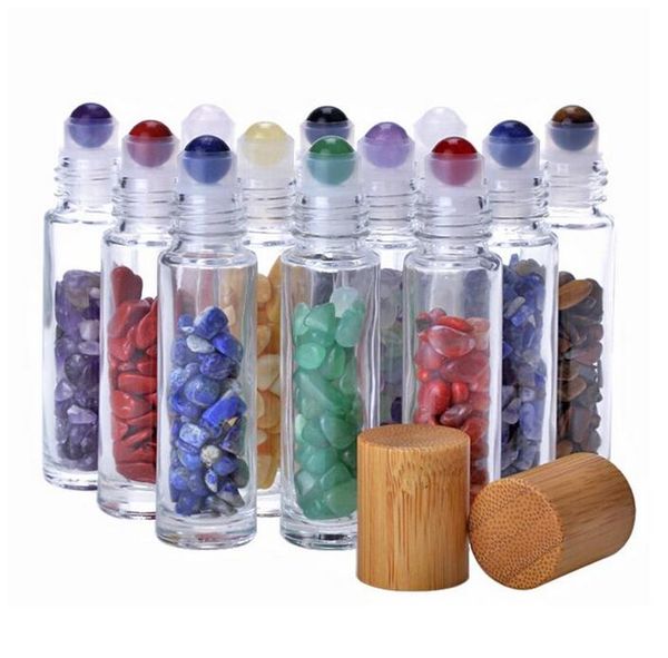 Bottiglie di stoccaggio di olio essenziale di profumo di bottiglia di rollerball di giada da 10 ml con cristalli naturali schiacciati sfera di cristallo di pietra di quarzo sfera di bambù 10 colori