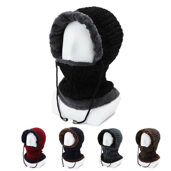 

korean version winter cycling cap for men women windproof skiing warm ear protection dual-use integrated knitted hat face mask caps & masks, Black