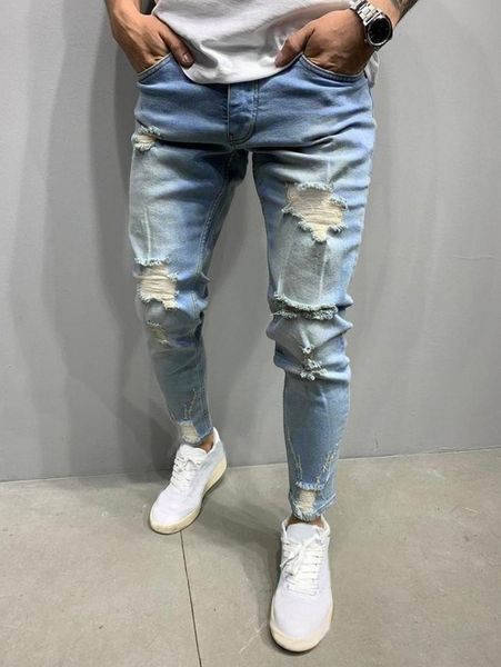 

men bleach wash ripped skinny jeans 17ri#, Blue