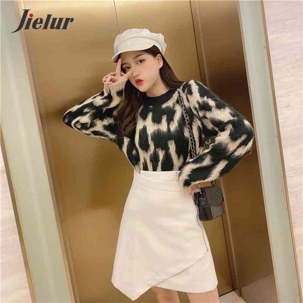 

leopard sweater women autumn winter chic o-neck pullovers korean primer pull femme patchwork slim jumper soft sweaters 210426, White;black