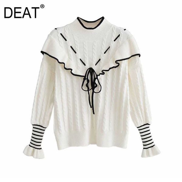 

[deat] spring autumn fashion splicing round neck long sleeve drawstring pullovers knitting sweater women 13c397 210527, White