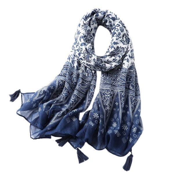 

scarves women scarf classical print lady shawls cotton feeling soft oversize hijabs neck headband tassel foulard, Blue;gray