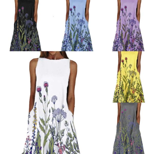 

casual elegant round neck sleeveless print dress 2113#, Black;gray