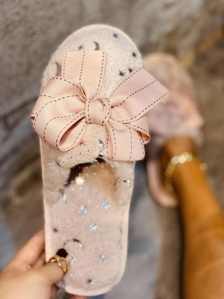 

luxury women mule bling slippers bow-tied flat heel faux fluffy fur warm plush lining round toe non slip ladies shoes house, Black