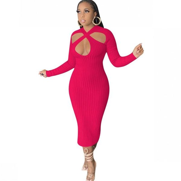 

hollow dresses for african women v neck full sleeve bodycon pencil dress autumn fashion classic solid color ribbed vestidos casual, Black;gray