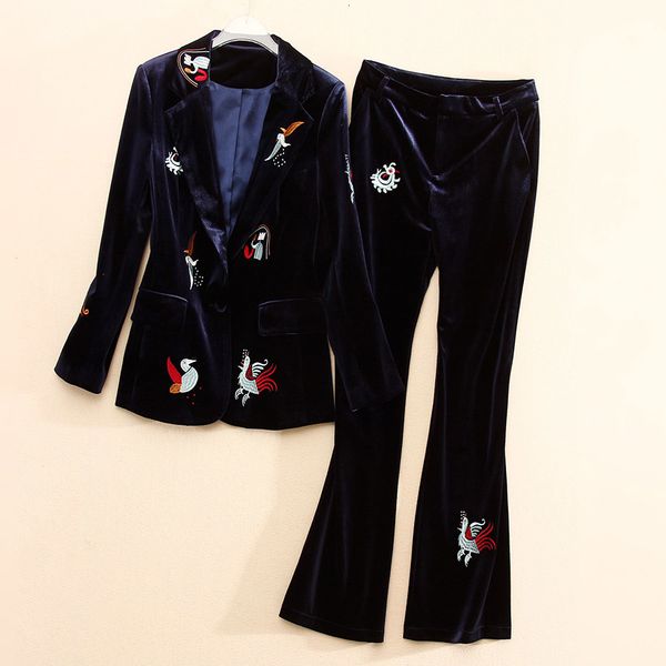 

pants floral women 2 pieces vintage embroidery coat + blue pants flowers elegant lady casual velvet suit set s-xxl, White