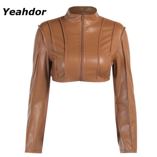 

women's jackets women jacket fashion stand collar faux leather cropped casual long sleeve zipper front crop coat clubwear, Black;brown