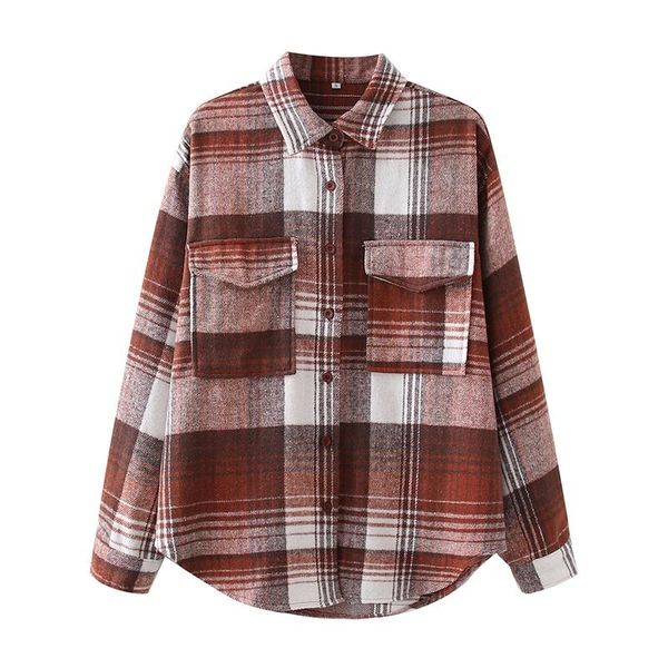 

women's jackets mesttraf women 2021 fashion double pockets oversized plaid shirts coat lapel collar long sleeve loose outerwear streetw, Black;brown