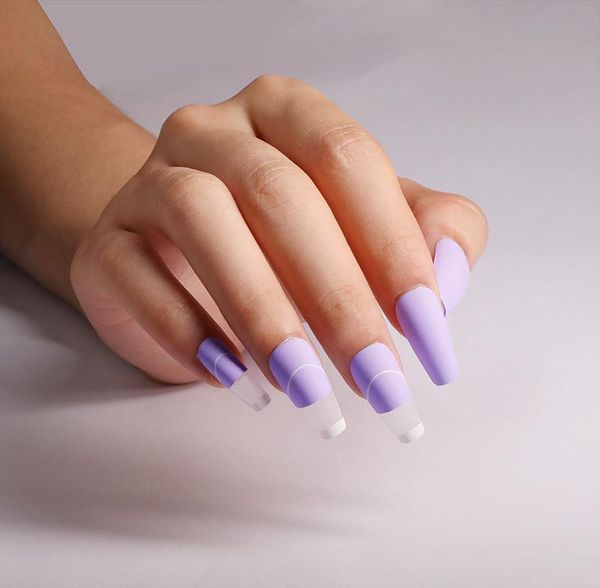 

false nails 24pcs/box press on french coffin purple nail patch glue type removable fake with long designs for girls, Red;gold
