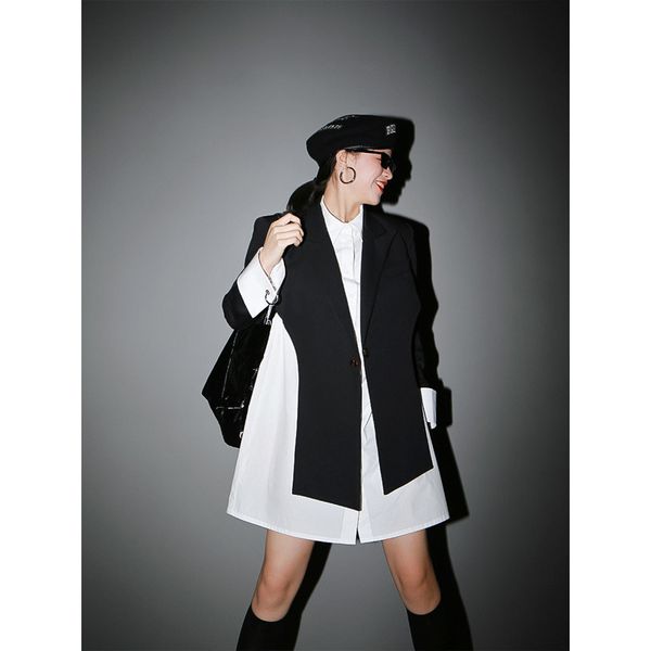

[eam] women black cross split joint blazer new lapel long sleeve loose fit jacket fashion tide spring autumn 1t447 201013, White;black