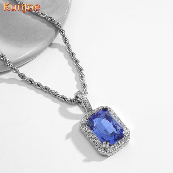 

kunjoe vintage blue crystal square pendant necklace for women stainless steel chain hip hop jewelry female wedding party gift necklaces, Silver