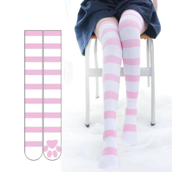 

long stripe adorable anime cat tight high over knee pink blue for women girl cosplay student kawaii lolita cotton stocking socks & hosie hos, Black;white