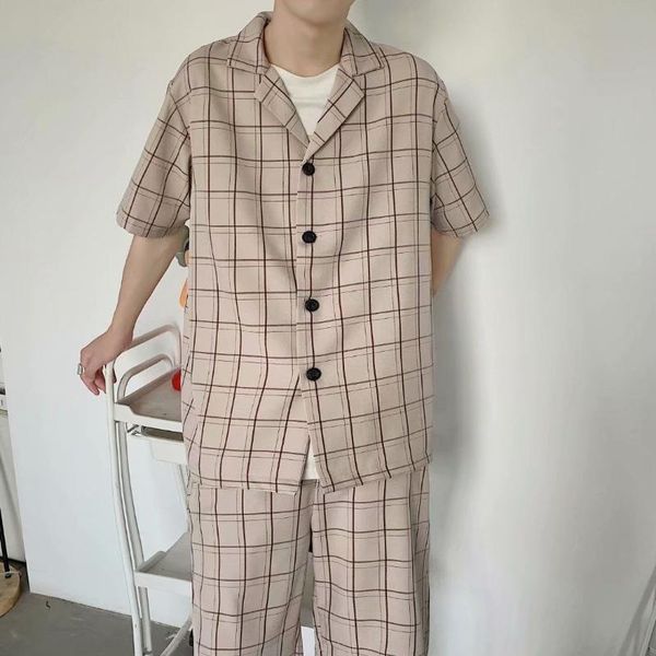 

men's tracksuits plaid clothes suit casual all-match sports short-sleeved shorts shirt pants loose thin simple summer spring, Gray