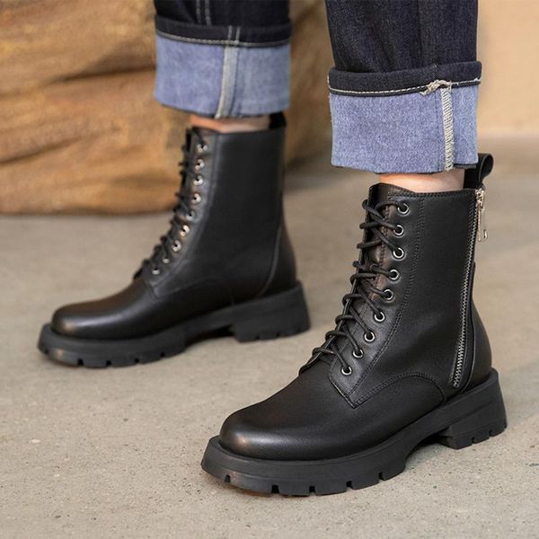 

boots women ankle autumn winter zipper round toe shoes square heels lace up genuine leather short size 34-39, Black