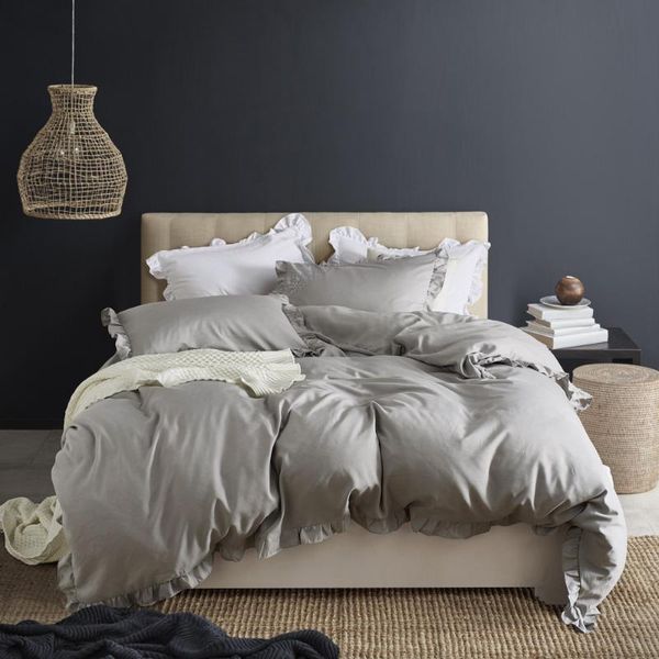 

soft luxury us size bed linens with ruffles comforter bedding sets qween king gray/pink/navyblue modern home textile