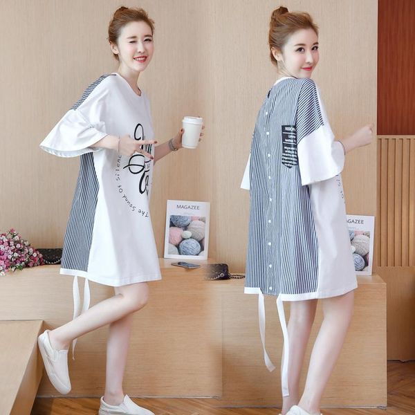 

maternity dresses dress summer loose striped patchwork flare sleeve round collar stylish for pregnant women mom, White