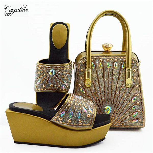 

dress shoes excellent gold wedage heel african slip-on and handbag set with rhinestones for party md009 height 9cm, Black