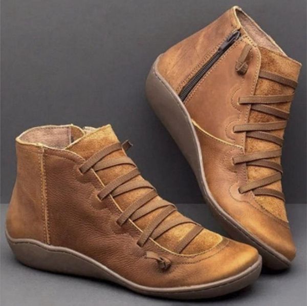 

boots retro winter snow genuine leather ankle spring flat shoes woman short brown botas with fur 2021 for women lace up, Black