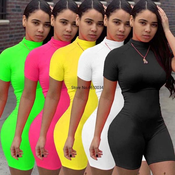 

fitness women streetwear neon bodysuit mock neck short sleeve casual playsuit high elastic tight sports overalls 2021 women's jumpsuits, Black;white