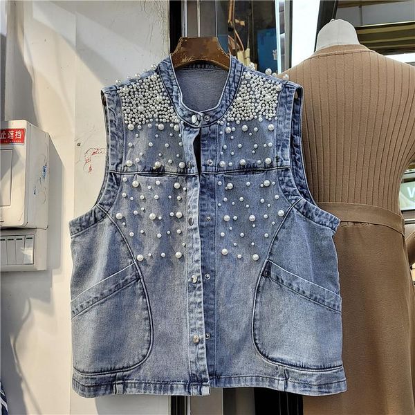 

women's vests 2021 summer korean beading denim vest women waistcoat student short sleeveless jacket coat loose big pocket jeans female, Black;white
