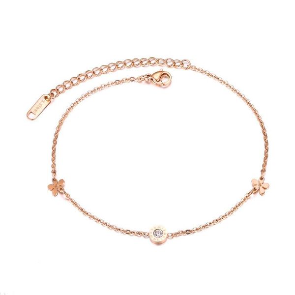 

stainless steel small flower roman number cz anklets for women rose gold color charm summer foot jewelry gift drop, Red;blue