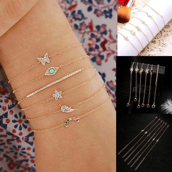 

link, chain fashion women butterfly eye star moon set of (6pcs) leaves multilayer bracelet party gold jewelry 22cm/8.7inch, Black