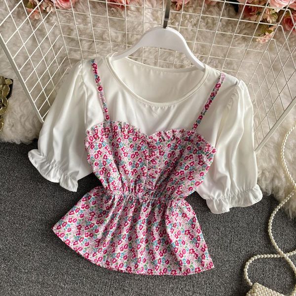 

women's blouses & shirts 2021 spring fashion temperament round neck fake two-piece blouse female retro floral blusa chiffon shirt c842, White