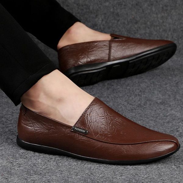 

dress shoes genuine leather men casual slip on lazy driving male comfy breathable loafers office, Black
