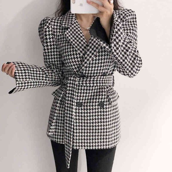 

women's wool & blends spring and autumn retro suit collar double-breasted slim tie-waist houndstooth woolen jacket yw89, Black