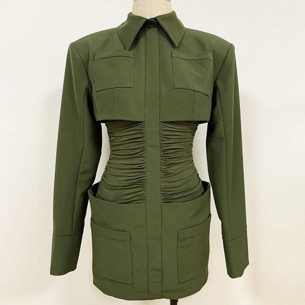 

casual dresses seebeautiful pleated stitching loose mini dress lapel long sleeve pockets back zipper fashion spring women m667 av7o, Black;gray