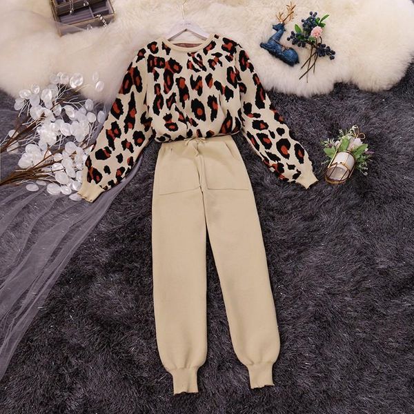 

women's two piece pants lucyever fashion knitted women two piece set suits leopard long sleeve sweater lace up harem pants korean, White